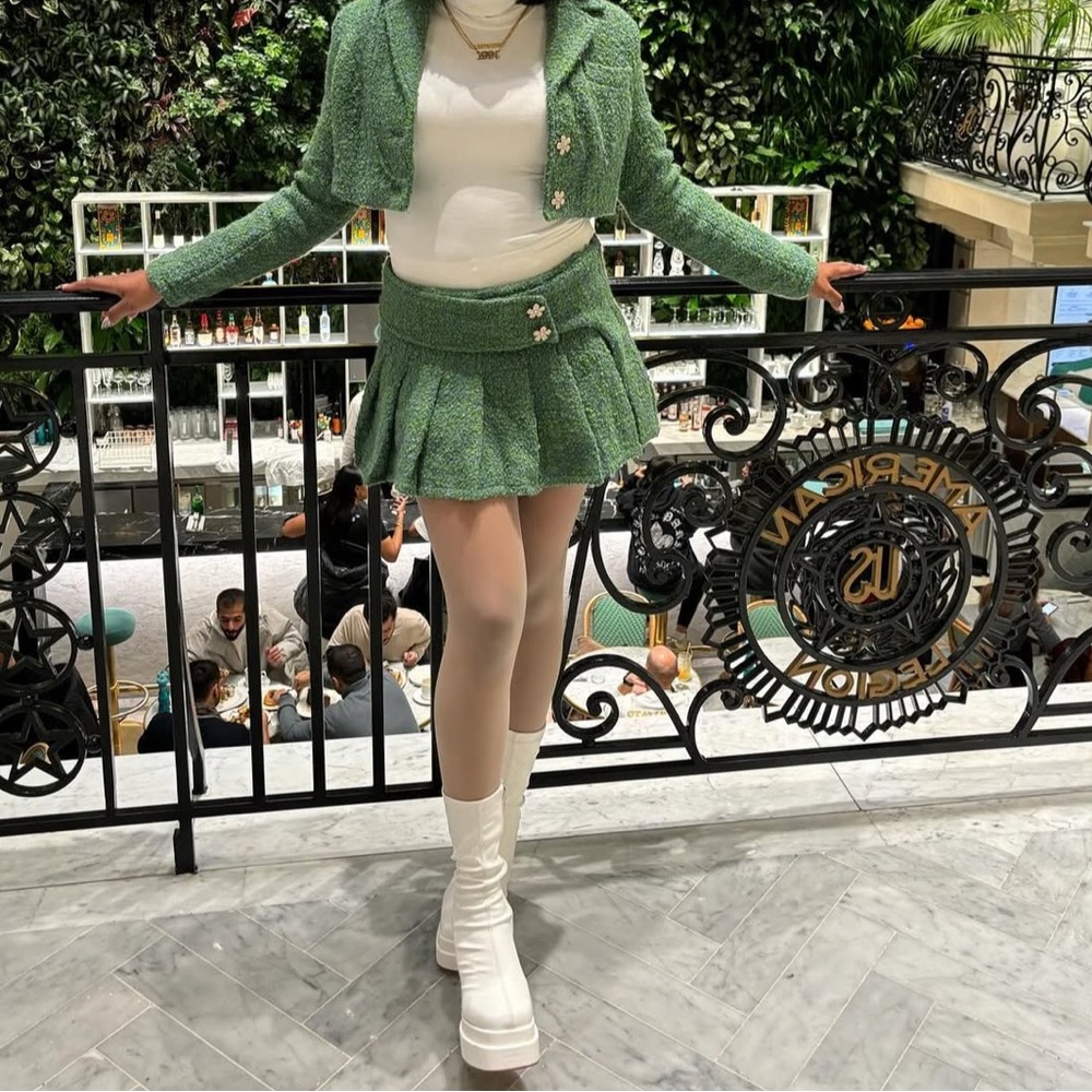 Danielle Guizio Green Tweed Mini Skirt